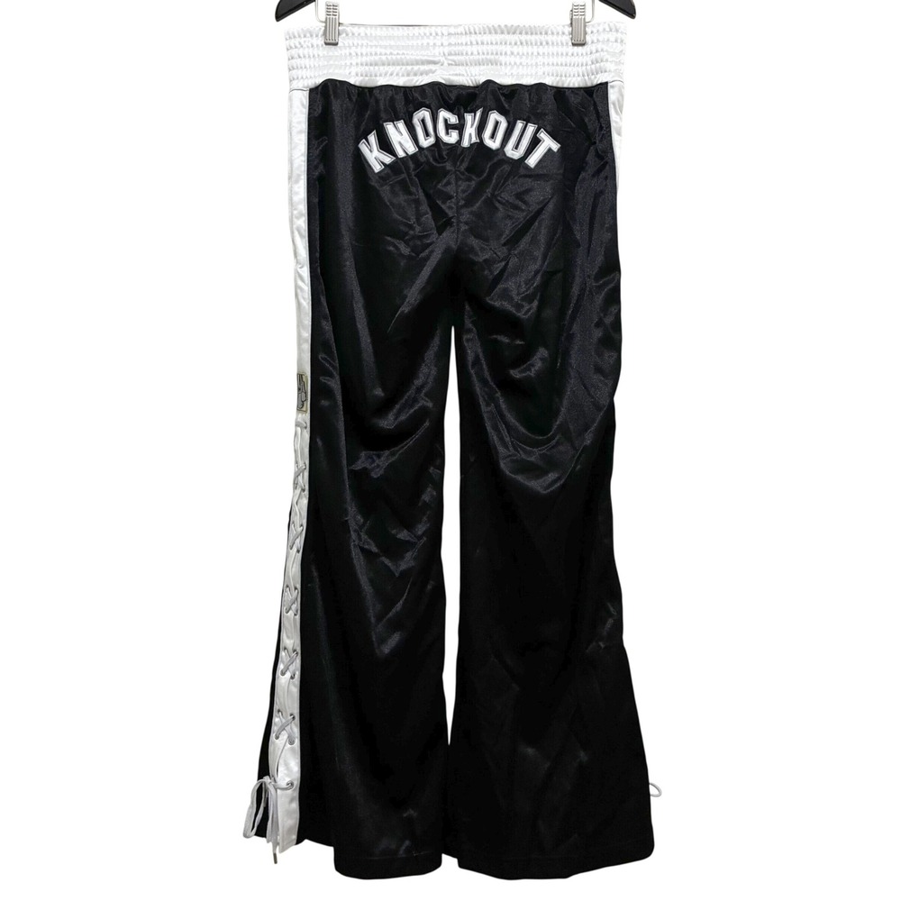 Vintage Y2K EVERLAST KNOCKOUT Black Satin Lace Up Wide Leg Boxing Pants L RARE
